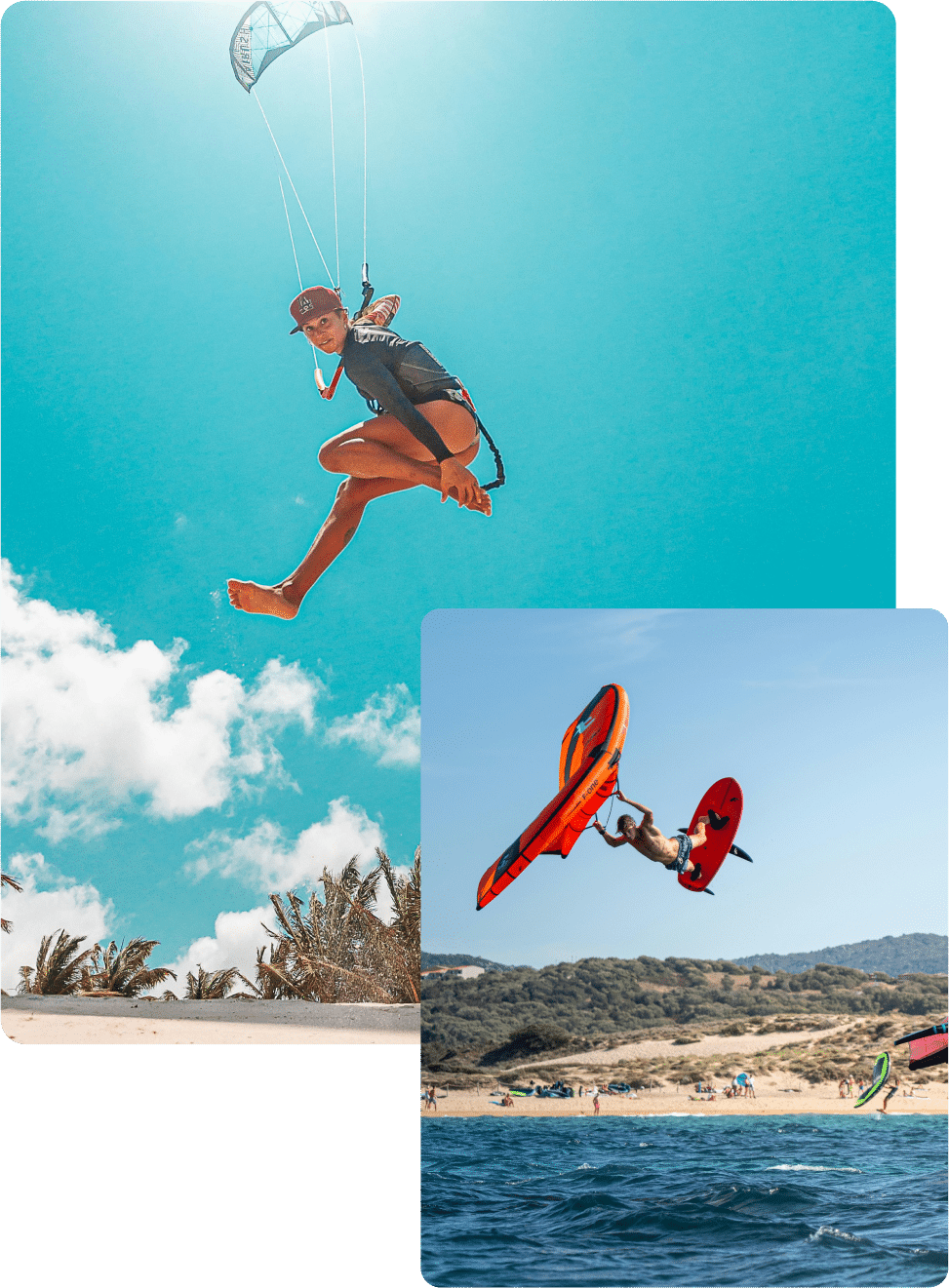 Girl jumping with a kite holding the bar one-handed and male jumping with a wing with a raley