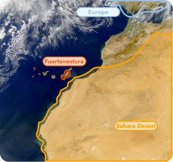 Fuerteventura, Canary Island image from space. Distance to Europe compared to Sahara Desert