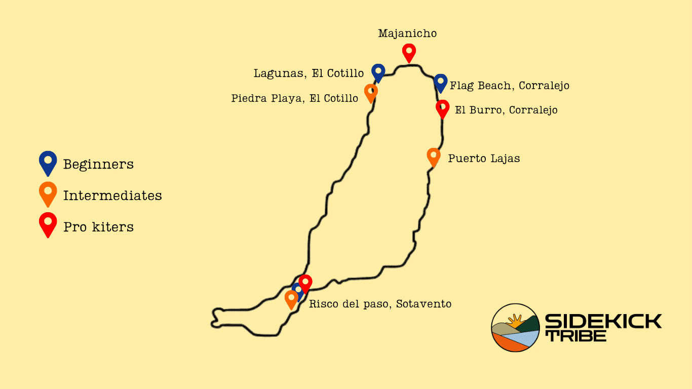 Kitesurfing in Fuerteventura, infographic of all the spots for beginner, intermediate or advanced riders