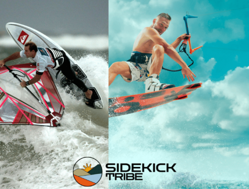 Windsurfing vs. Kitesurfing, On the left a windsurfer riding a wave and on the right a kitesurfer jumping with grab