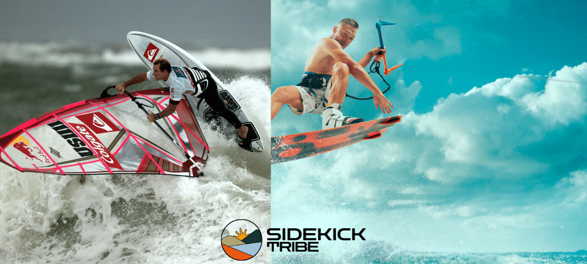 Windsurfing vs. Kitesurfing, On the left a windsurfer riding a wave and on the right a kitesurfer jumping with grab